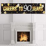 PMELCXD 90th Birthday Banner, Happy 90th Birthday Decorations with Cheers to 90 Years, Black Gold Glitter Birthday Sign Backdrop Supplies for 90 Birthday