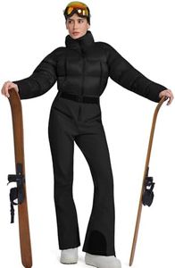 WOWULOVELY Women Snowsuit Slim One Piece Jumpsuit Winter Onesies Ski Suit Outdoor Sports Waterproof Windproof Collar Coat(-Black-S)