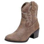 ANUFER Women's Mid Calf Cowboy Boots Embroidered Block Heel Side Zipper Western Shoes SN079163D Brown UK4