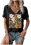 Womens Cut Out Cold Shoulder T Shirts Boho Floral Graphic Tshirts Nashville Country Lacerated Sleeve Cowgirls Tee Tops, Floral Black2, S