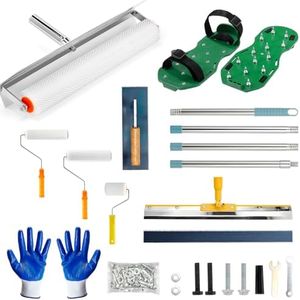 Rocfinity Self Leveling Concrete Tools, Spiked Roller for Self Leveling with Adjustable 5.1ft Pole, Garage Floor Epoxy Kit with Cement Leveling Rake, Spike Shoes for Epoxy Flooring