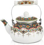 ZOOFOX Ceramic Enamel Tea Kettle, 2.6 Quart Large Floral Colorful Teapot with Handle for Stovetop, Retro Hot Water Tea Kettle Pot, No Whistling