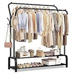 ZHZIRO Metal Clothes Rail Double Pole Coat Rack Freestanding Garment Rack Hanger With 4 Side Hooks and 2-Tier Lower Storage Shelf for Bedroom Home Office Indoor(Black)