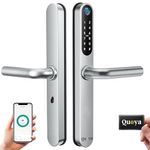 QUOYA D1 Smart Door Lock Handle, 75° Max Turning Angle, IP55 Waterproof, Keyless Keypad Entry, Slim Retrofit, Unlock Method (Fingerprint, RFID keycard, Pin/Passcode, App, Mechanical Key), (Silver)