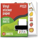 JOYEZA Premium Printable Vinyl Sticker Paper for Inkjet Printer - 40 Sheets Matte White Waterproof, Dries Quickly Vivid Colors, Holds Ink Well- Tear Resistant - Inkjet & Laser Printer