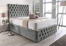 Sleep Factory's Grey Plush Velvet Chesterfield 2 Drawer Divan Bed Set, Mattress & Headboard (4.6FT (Double))