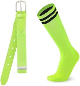 AWAYTR Youth Baseball Socks and Belt - Kids Softball Belts and Socks Combo for Youth Boys Girls (Lime, Fit waist 20" - 34" (Rec 6-15yrs))