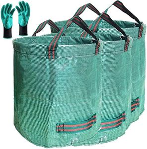 Standard 3-Pack 32 Gallons Garden Bag with Coated Gardening Gloves - X Large Reusable Leaf Bags - Comparative-Winner 2018 - Collapsible Gardening Containers for Lawn and Yard Waste bags- 4 Handles