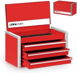 P.I.T. Mini Red Tool Box, Portable 3 Drawer Steel Tool Box with Magnetic Tab Locking, Red Micro Top Chest with Liner for Tools Storage, Home DIY