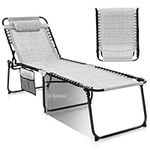 GYMAX Lounge Chairs for Outside, Extra High Folding Beach Tanning Lounger with Adjustable Backrest, Footrest & Removable Pillow, Sunbathing Lounge for Patio, Poolside (1, Grey with Pocket)