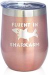 Bevvee Fluent in Sharkasm - Funny Shark Wine Tumbler Glass with Sliding Lid - Stainless Steel Insulated Mug - Cute Shark Decor Gifts - Rose Gold