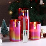 Eywamage Red Glass Flameless Candles with Remote, Flickering LED Battery Candles Set of 3, Home Wedding Decor Seasonal Gifts D 3 inch H 4 inch 5 inch 6 inch