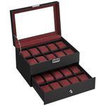 SONGMICS Watch Box, Watch Case with Glass Lid, 2-Tier Watch Display Case, Lockable, 1 Drawer, for Rings, Bracelets, Gift Idea, Black Synthetic Leather, Wine Red Lining JWB020R01