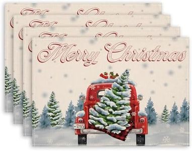 ARTHMOM Red Truck Merry Christmas Placemats Set of 4, 12x18 Inches Winter Xmas Table Mats Seasonal Holiday Snowflakes Christmas Tree Farmhouse Rustic Kitchen Dining Placemats for Home Party Decoration