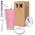 Y·J&H 30oz (850ml) Travel Tumbler Double Wall Vacuum Insulated Coffee Mug Stainless Steel Coffee Cup with 2 Splash Proof Lid, 2 Straws & Free Cleaning Brush, BPA Free - Pink