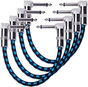 6 Inch Guitar Patch Cable with 1/4" Right Angle Plugs, Black and Blue Tweed Woven Jacket (4-Pack)