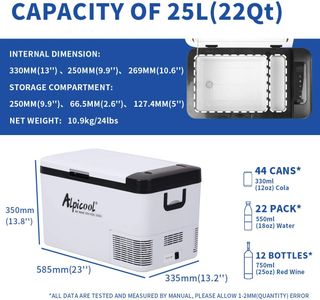 Alpicool 25L Portable Car Fridge Freezer – 12V Compressor, -20℃ to 20℃