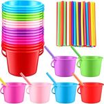 Didaey 36 Packs Sand Buckets Rum Buckets with 100 Plastic Drinking Straws Beach Sand Toys for Summer Beach Party Favors