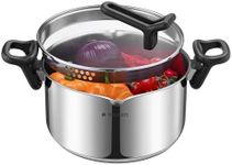 Navaris Stainless Steel Stock Pot 5.3L - Built-in Strainer, Free Standing Glass Lid, Lid & Utensil Holder, Easy Draining Handles, Polished Soup Pot, Dishwasher Safe Induction Ready
