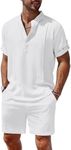 COOFANDY 2 Pieces Linen Sets For Men White Short Sleeve Henley Shirt and Shorts Summer Beach Yoga Matching Outfits