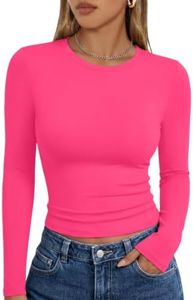 Trendy Queen Womens Long Sleeve Shirts Basic Crop Tops Tight Slim Fit Cute Teen Girls Fall Winter Y2k Clothes Neon Pink M