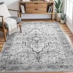 YIHOUSE Grey 3x5 Vintage Rug, Washable Throw Rugs 3x5, Gray Retro Non-Slip Boho Rugs Indoor Rug for Front Entrance, Kitchen, Bathroom, Laundry Decor