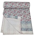 Yuvancrafts Indian Hand Block Floral Print Kantha Quilt Handmade Vintage Twin/Queen Size Cotton Kantha Throw Blanket Bedspread (Twin 90 X 60)