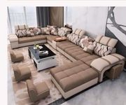 Torque - Galster 12 Seater U Shape Cup Holder Sectional Fabric Sofa Set with 4 Puffy (Right Side, Brown & Beige) | Couch for Living Room, Bedroom, Home, Office Furniture | 3 Years Warranty