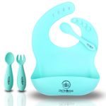 ZoZoBaa Silicone Baby Feeding & Weaning Bib with Fork and Spoon Set| Waterproof, Washable & Reusable,Adjustable Bib with First Stage Feeding Spoons for Infants & Toddler| (1 Set),Green