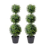 3ft Artificial Tree 2Pack Triple Ball Topiary Tree Fake Potted Moulded Trees Perfect Faux Plants for Indoor Outdoor House Home Office Garden Decoration(Small Money Leaf)