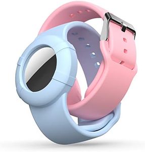 Air tag Wristband Kids(2 Pack) - Soft Silicone Air tag Bracelet for Kids - Lightweight GPS Tracker Holder Compatible with Apple Air tag Childs Watch Band Kids (Pink + Denim Blue)