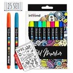 int!rend 25PCS Fabric Pens Permanent for Clothes - Wash-Safe - Textile Markers Set of 20 Colourful Markers + 5 Stencils - Fabric Pen for T-Shirts for Kids and Adults