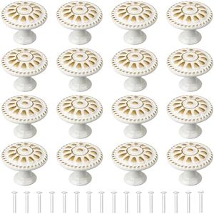 YEYIT 16 Piezas Blanco Pomos y Tiradores 30MM Pomo de Armario Redondo，Aleación de Aluminio Pomo de Puerta de Armario Patrón de Flores Tiradores Cajones，Tiradores Armarios con Tornillos para Cajones