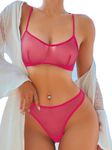 SOLY HUX Women's Mesh Solid Sheer See Through Lingerie Set Sexy Lace Bra and Panty 2 Piece, Pure Hot Pink, Medium