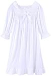 CHUNG Toddler Little Big Girls Long Sleeve Modal Nightgowns Soft Princess Round Square Neck Long Sleep Dress Vintage (5-6Y, White-110)