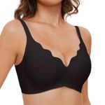 GXOULRRA Wavy Wireless V Neck Bras for Women No Underwire Padded Bralettes Adjustable Straps Plunge Bra with Bra Extender-Black-XXL