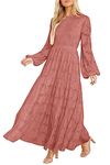 MITILLY Women's Elegant Floral Long Sleeve Round Neck Smocked A-Line Flowy Tiered Maxi Dress with Pockets, Bean Paste Red, Medium