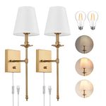 Dimmable Wall Lamp Wall Sconces Lighting Indoor, ENCOMLI Plug in Wall Sconces White Fabric Shade, Wall Light Fixture Luminaire Mural, Wall Lights Indoor Bedroom, LED Bulbs Included, Antique Brass