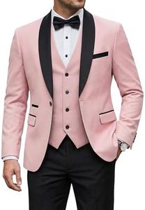 YND Men's 3 Piece Slim Fit Tuxedo Suit Set, One Button Shawl Collar Solid Business Blazer Jacket Vest Pants with Bow Tie, Light Pink