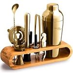 Mixology Bartender Kit: 10-Piece Gold Bar Set Cocktail Shaker Set with Stylish Bamboo Stand | Perfect Home Bartending Kit with Gold Bar Tools and Martini Shaker for Foolproof Drink Mixing