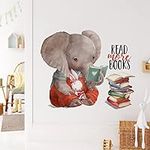 Mfault Inspirational Elephant Bunny Read More Books Wall Decals Stickers, Motivational Rabbit Animals Nursery Decorations Classroom Bedroom Art, Watercolor Neutral Toddler Kids Room Home Decor Gift