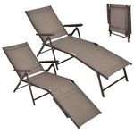 COSTWAY Folding Sun Lounger Set of 2, 5-Position Adjustable Garden Chaise Lounge Chair Sunbed with 2-Level Foldable Legs, Steel Frame Portable Outdoor Reclining Chairs for Patio Beach Camping (Brown)