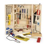 Leomark wooden tool set for kids – 50+ piece kit with tools & accessories in secure wooden box, ideal for young carpenters & mechanics – includes wrench, hammer, screwdrivers, saw, DIY