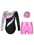 CHICTRY Kids Girls Long Sleeve Gymnastics Leotard Workout Bodysuit with Shorts 2 Pieces Set Tracksuit Tumbling Dance Outfits Type A1 Leopard 7-8 Years