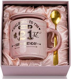 ALBISS 21st Birthday Gifts Her Keepsake, 14oz Lovely Pink Marble Ceramic Cup Printed with Gold, Lid, Spoon, Greeting Card, Happy 21st Bday Mug Present for Daughter, Girl, Sister, Niece, Gift Boxed