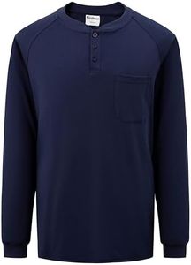 Ubon Mens FR Shirts Welding Shirts for Men Long Sleeve Fire Retardant Work Shirts 7.5 Oz Henley Shirts, Navy, X-Large
