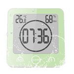 ALLOMN Bathroom Clock, LCD Digital Shower Clock Alarm Waterproof Touch Control ℃/℉ Temperature Humidity, Count Down Timer, 3 Mounting Methods, Battery Power (Green)