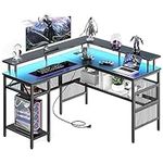 Mr IRONSTONE L Shaped Computer Desk 56" with Led Lights ＆ Power Outlet, Gaming Desk Home Office Desk with Monitor Stand & Storage Shelves, Space-Saving, Black