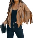 CHARTOU Women's Chic Cropped Tassel Fringe Faux Suede Moto Jacket, Camel, Medium