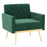 KOMFOTT Velvet Accent Chair, Modern Tufted Armchair with Golden Metal Legs & Adjustable Foot Pads, Upholstered Sofa Chair, Comfy Reading Chair, Living Room Chair for Bedroom, Green